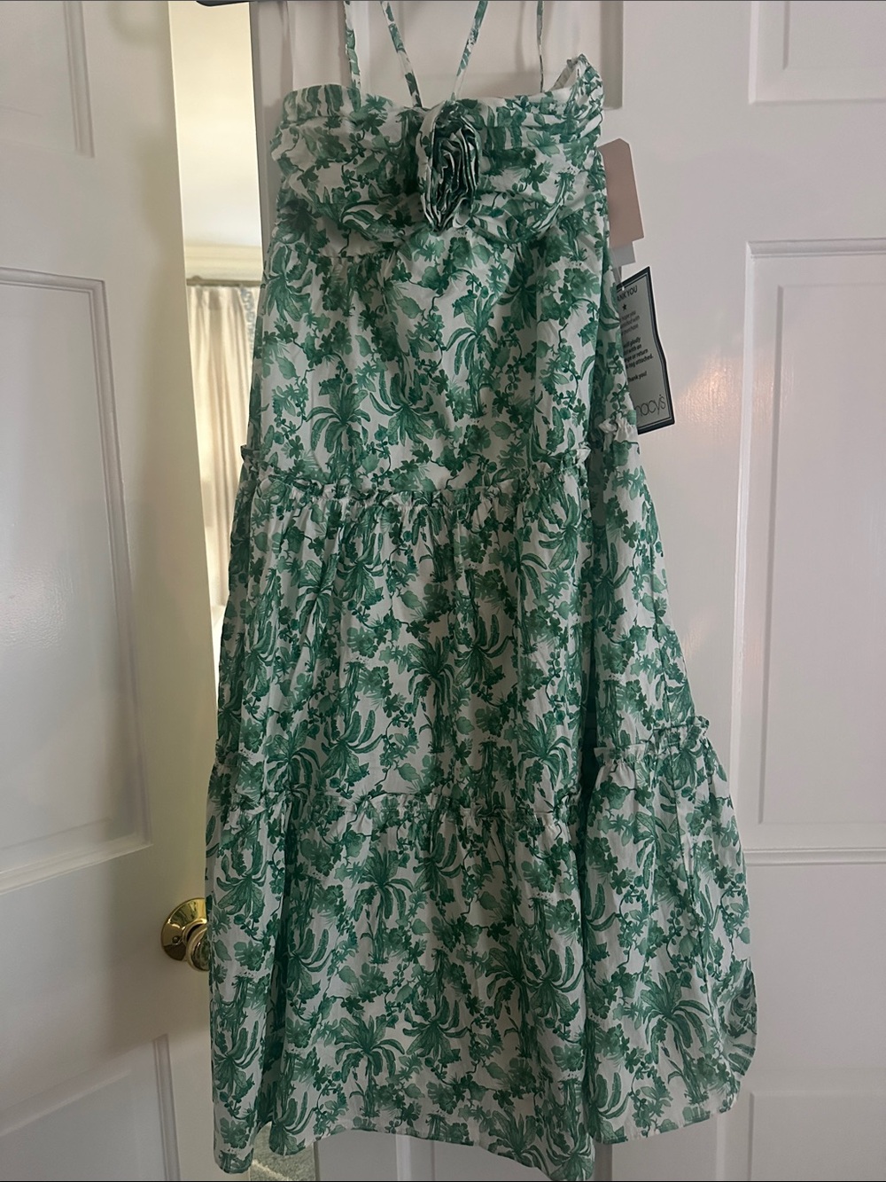 Macy's Green and White Floral Draped Accent Fabric Panel dress